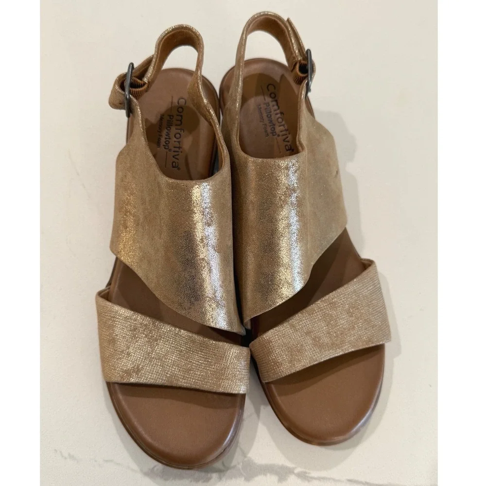 Comfortiva Pillowtop Nelma Gold Metallic Leather Slingback Sandals‎ Women's 10M